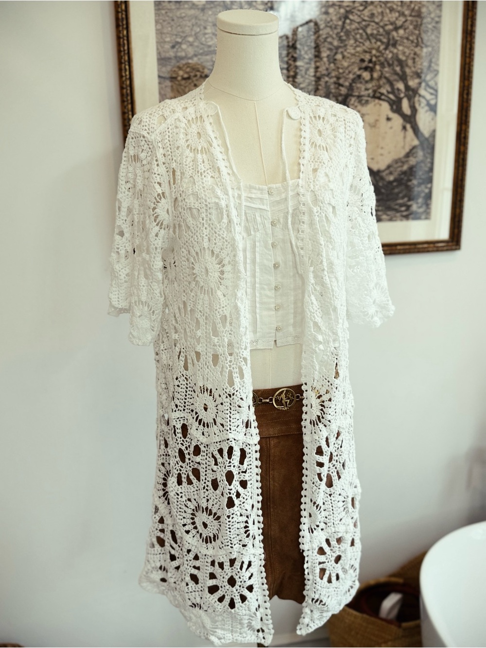 Free People White Crochet Long Openfront Cardigan - Picture 2 of 3